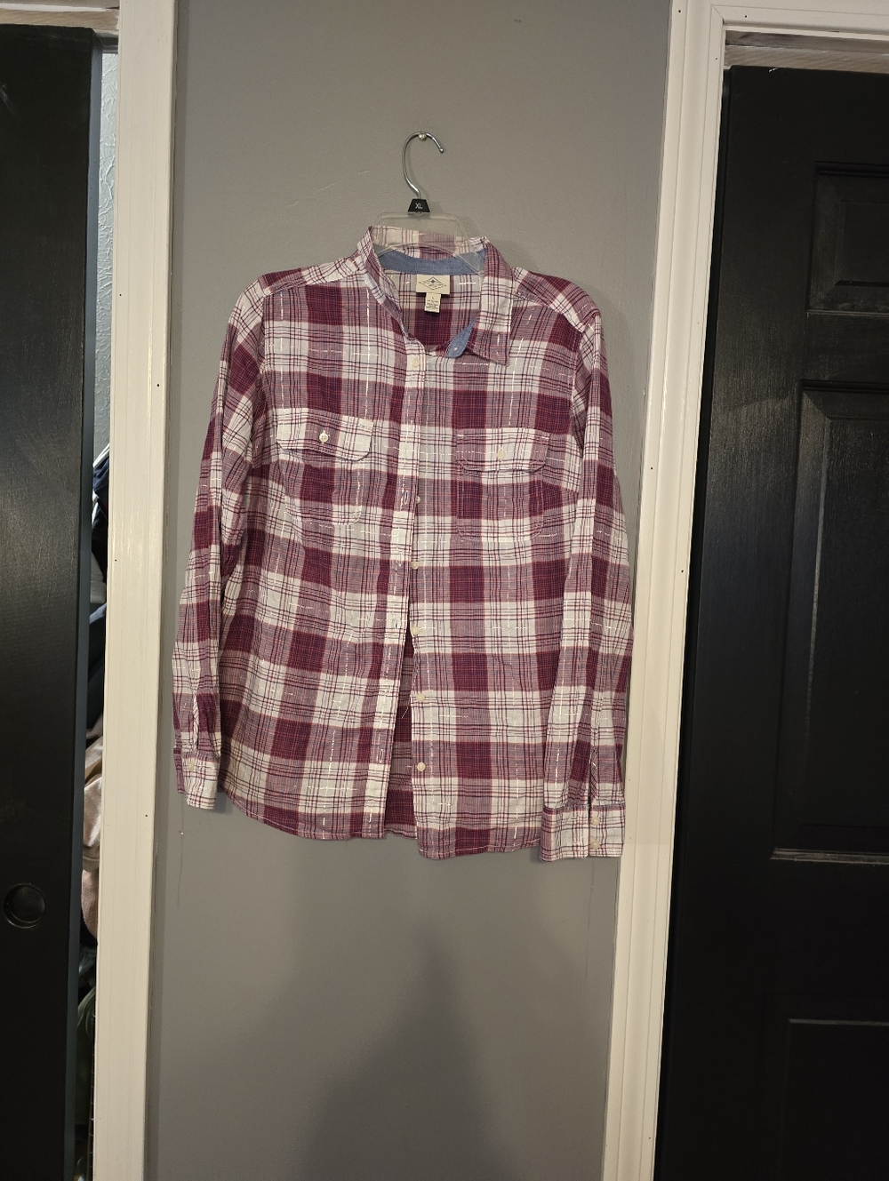 St. John's Bay Womens Burgundy & White Plaid Button-Down Shirt